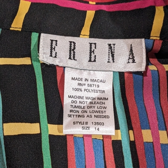Erena 14 vintage 90s colorful striped silky buttonfront collared shortsleeve top - Picture 8 of 8